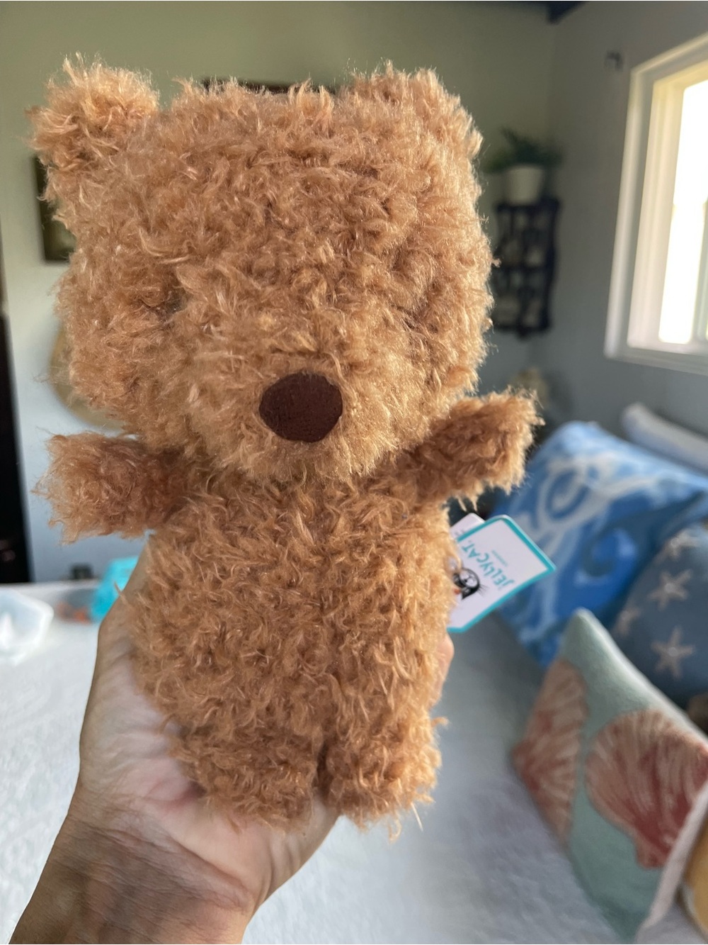 Jellycat Plush Brown Curly Bear on Blue Drawstring Bag - Picture 9 of 16